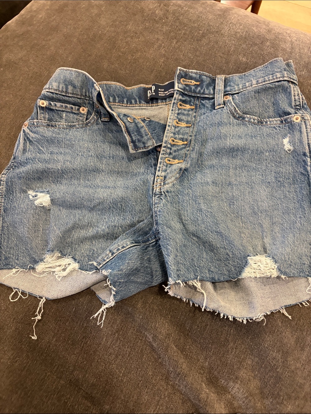 GAP Distressed Button-Fly Denim Shorts in Light Blue